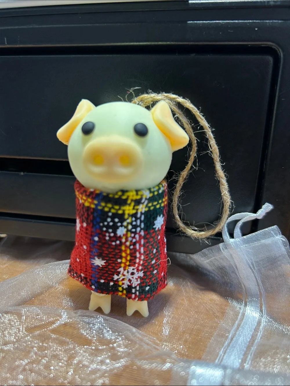 PIG IN THE BLANKET - Small Decorative Hanging Toy in Cream with Red Plaid Coat